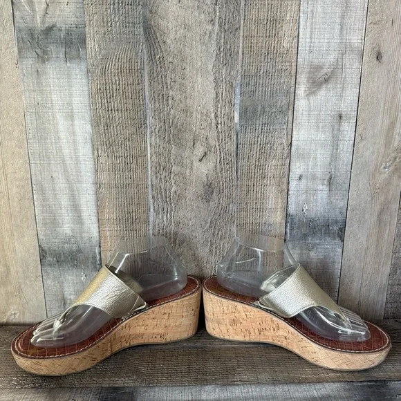 Womens Sam Edelman Rose Gold Metallic Leather Cork Wedge Thong Sandals Size 9.5 - Picture 5 of 10
